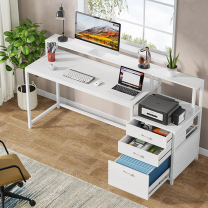 63 Inch Computer Desk with File Drawer Cabinet, Ergonomic Office Desk with Monitor Stand, Computer Table with Printer Space, Wood PC Table Workstation Desk for Home Office, White