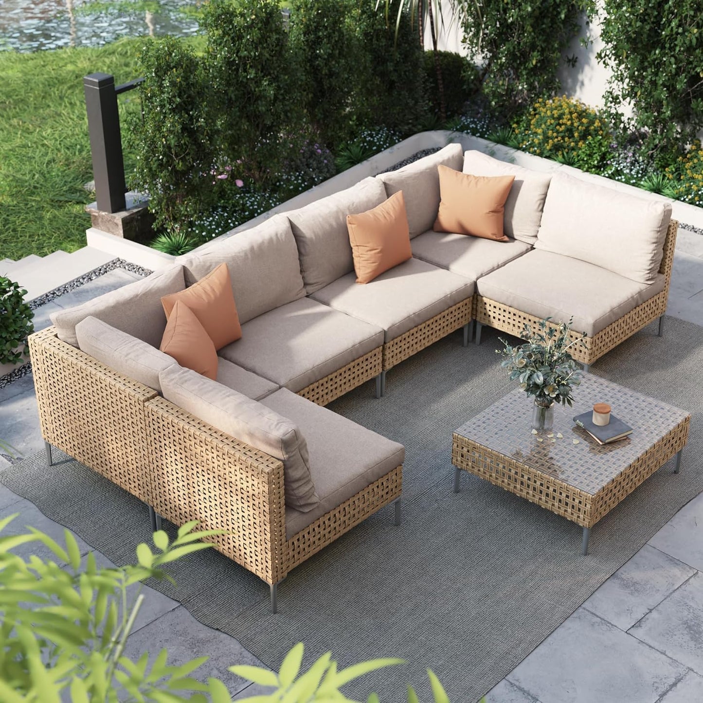 7-Piece Wicker Patio Furniture Set, Boho Outdoor Conversation Set Sectional Sofa with Water Resistant Thick Cushions and Coffee Table, Cream