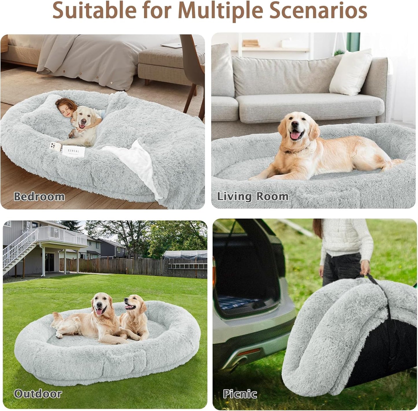 Human Dog Bed, 71''X45''X12'' Size Fits Adult and Pet Washable Giant People Bed 10 CM Thick Memory Foam Large Oversize Pet Bed with Plump Pillow, Blanket, Strap - Grey