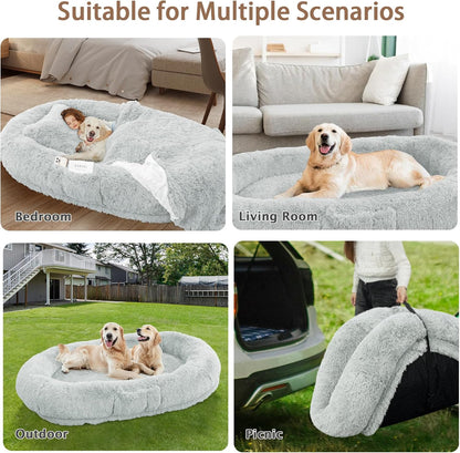 Human Dog Bed, 71''X45''X12'' Size Fits Adult and Pet Washable Giant People Bed 10 CM Thick Memory Foam Large Oversize Pet Bed with Plump Pillow, Blanket, Strap - Grey
