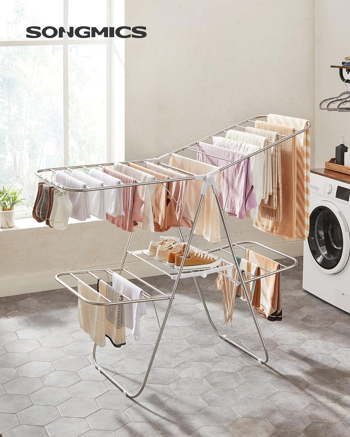 Clothes Drying Rack, Foldable 2-Level Laundry Drying Rack, Free-Standing Laundry Airer, with Height-Adjustable Wings, 33 Drying Rails, Sock Clips, Silver and White ULLR053W01V1