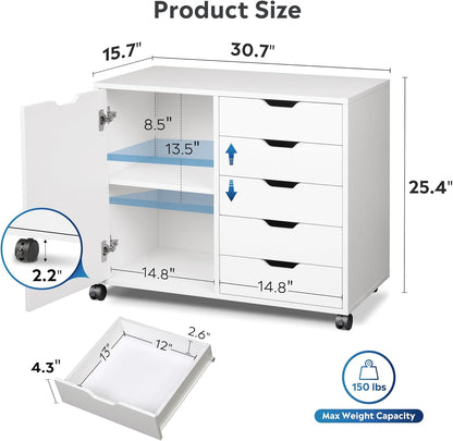 5-Drawer Wood Drawer Cabinet, Office Storage Cabinet with Adjustable Shelf & Wheels, Printer Stand for Home Office, White