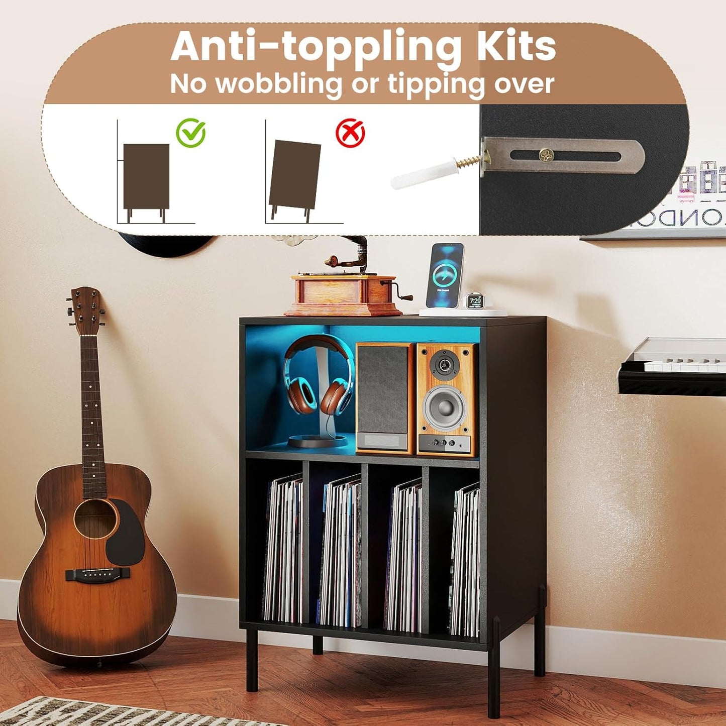 Record Player Stand with LED Lights & Charging Station, Turntable Stand with Record Holder, Record Player Table with Metal Legs, Vinyl Record Storage for Living Room, Music Room, Black