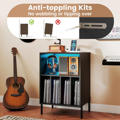Record Player Stand with LED Lights & Charging Station, Turntable Stand with Record Holder, Record Player Table with Metal Legs, Vinyl Record Storage for Living Room, Music Room, Black
