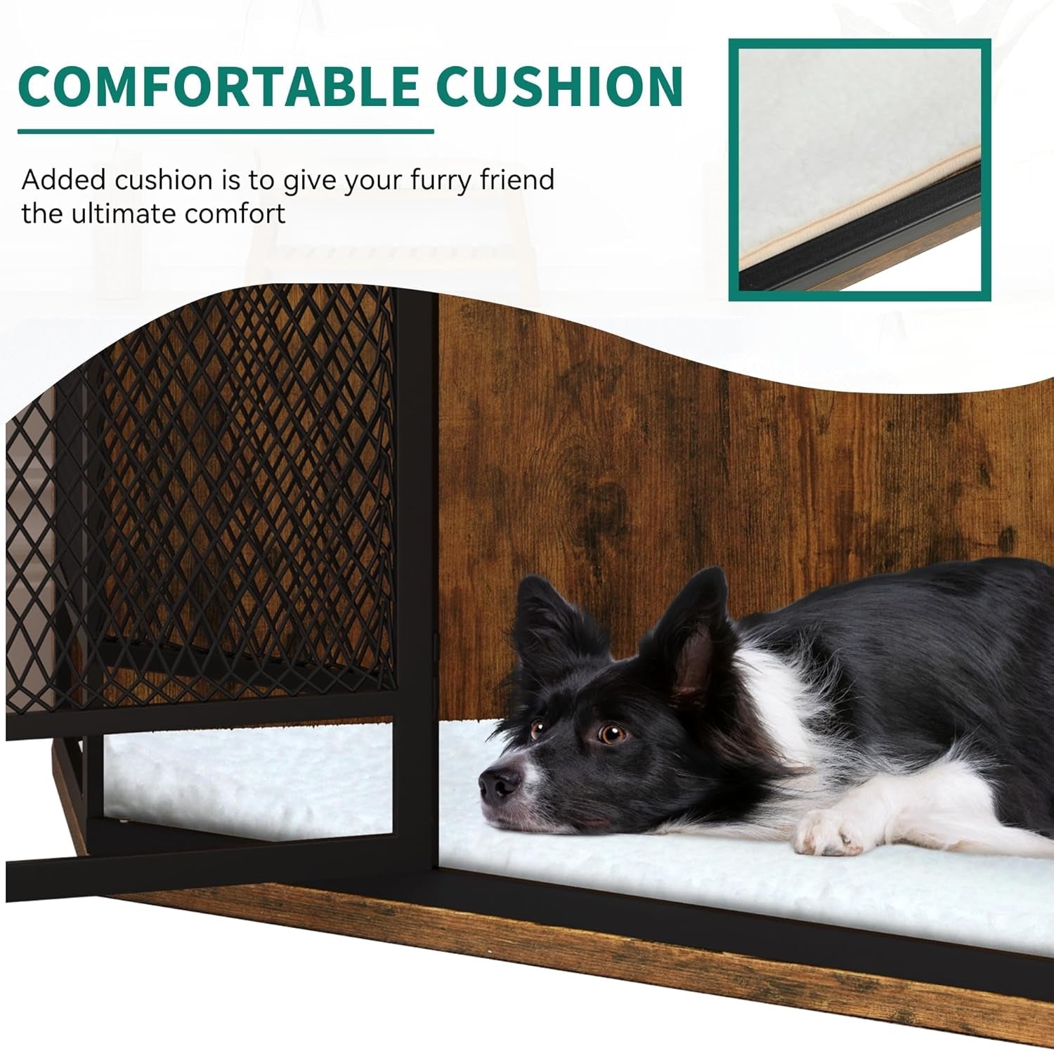 52" Corner Dog Crate Furniture, Wooden Dog Kennel with Dog Cushion, Dog Kennel Corner Wooden End Table for Small Medium Large Dogs, Brown
