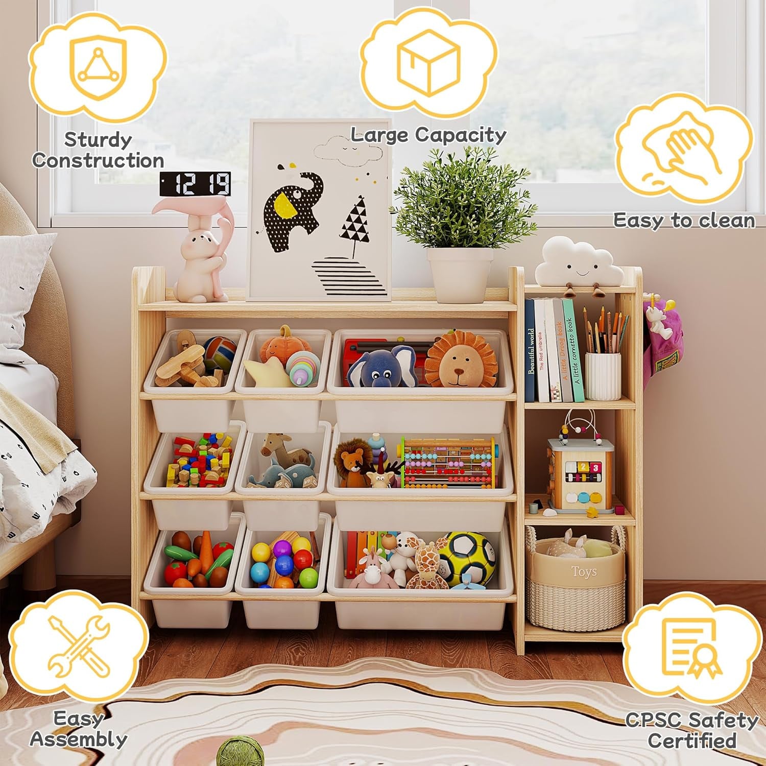 Kids Toy Storage Organizer, Wooden Shelf with 3 Tiers and 9 Storage Bins, Nursery Room Organizer for Books and Toys, White and Natural Wood