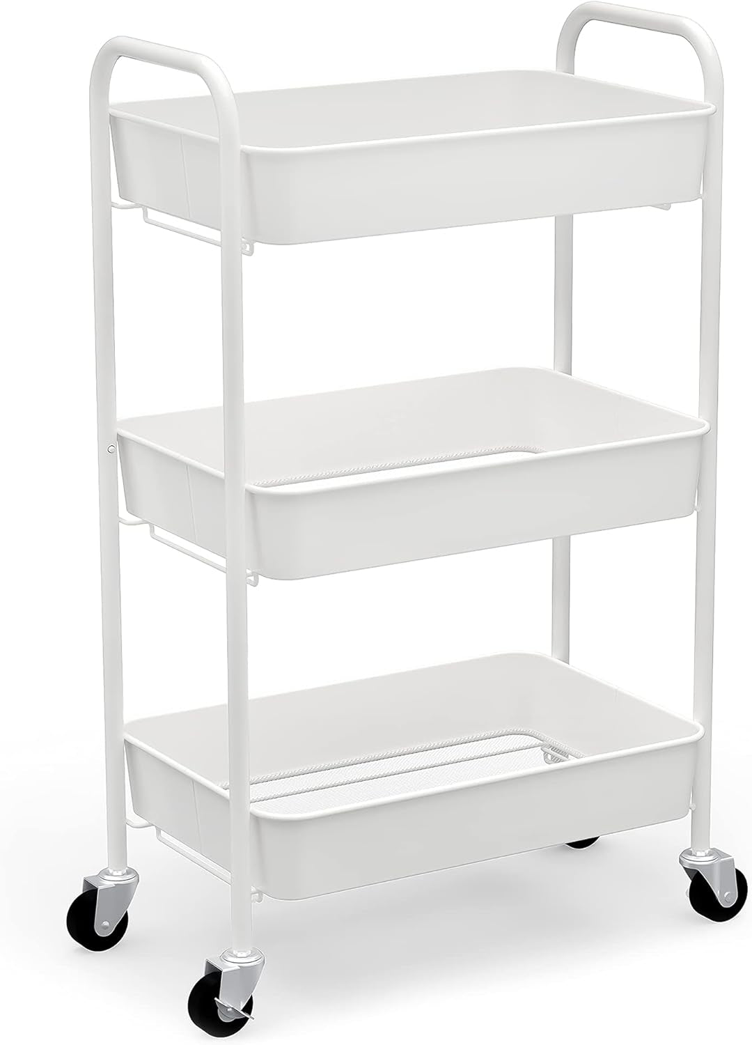 3-Tier Rolling Metal Storage Organizer - Mobile Utility Cart Kitchen Cart with Caster Wheels, White