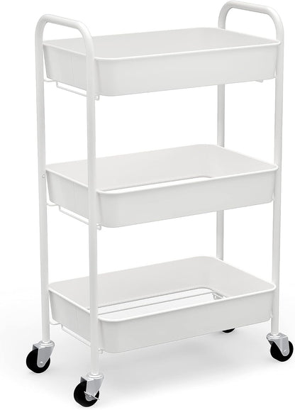 3-Tier Rolling Metal Storage Organizer - Mobile Utility Cart Kitchen Cart with Caster Wheels, White