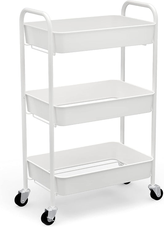 3-Tier Rolling Metal Storage Organizer - Mobile Utility Cart Kitchen Cart with Caster Wheels, White