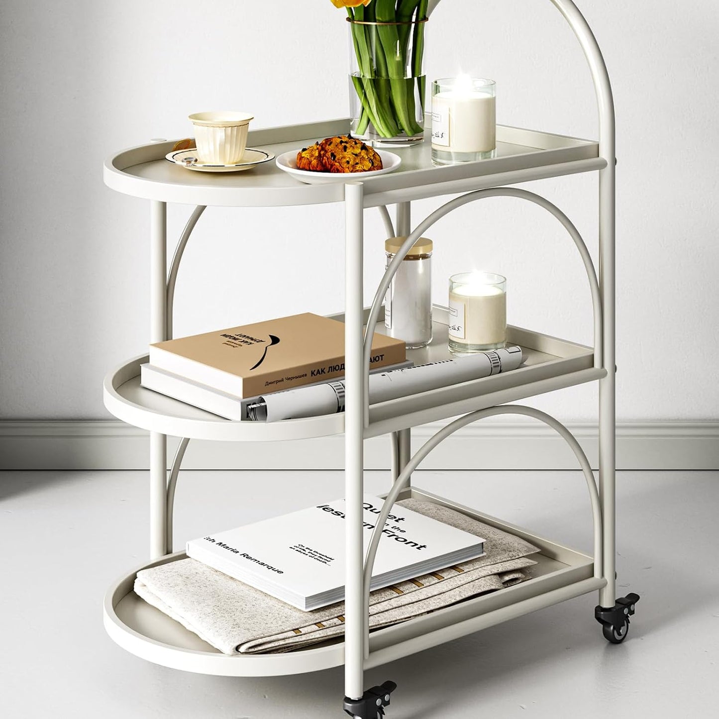 Bar Cart,Metal Serving Cart for the Home,Small Coffee Cart,Drink Cart,Beverage Cart with Lockable Wheels,Mobile Rolling Cart for Kitchen Living Room (White)