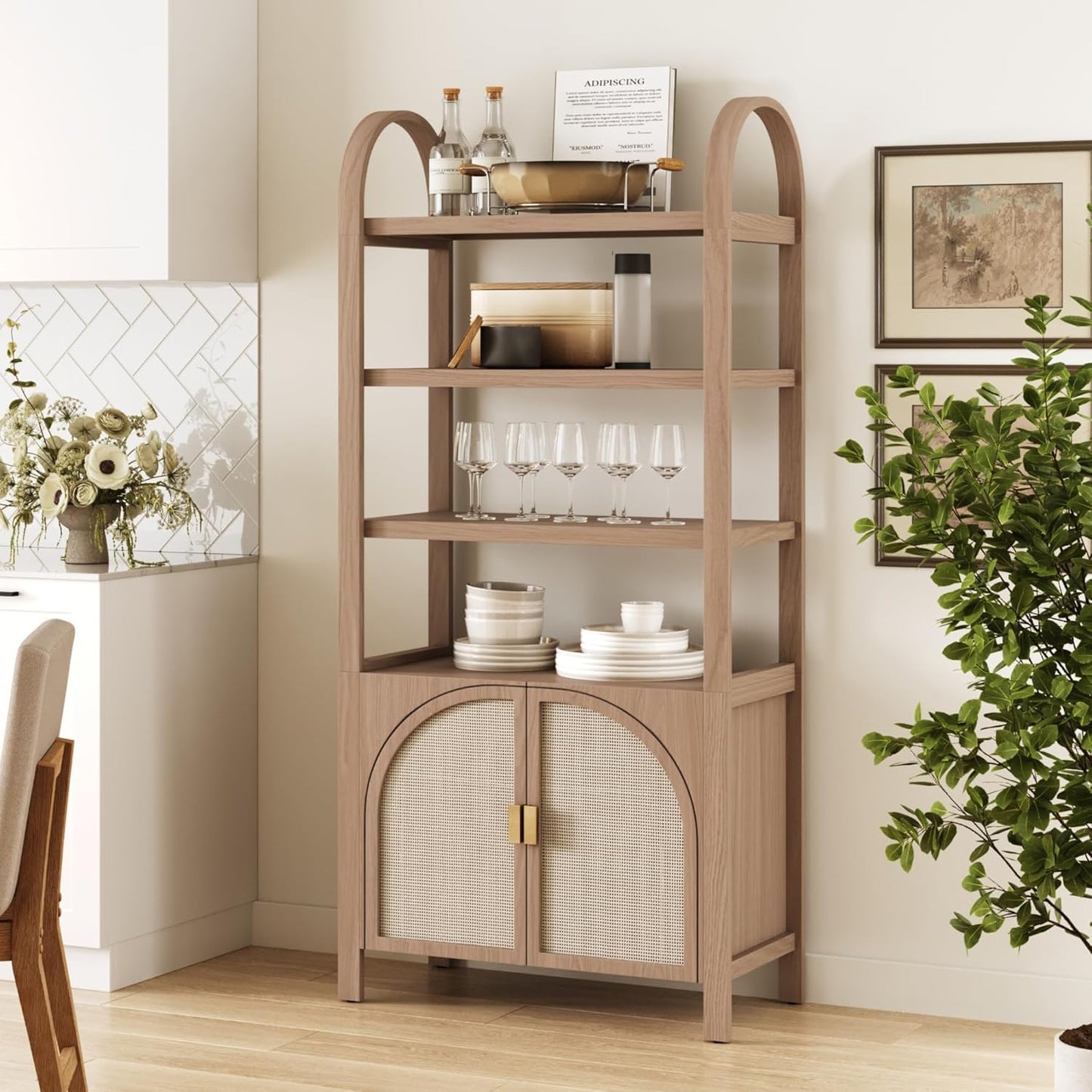 Paxton Mid-Century Modern Arched Bookshelf Cabinet with Solid Wood Frame and Rattan Base, Raw Oak