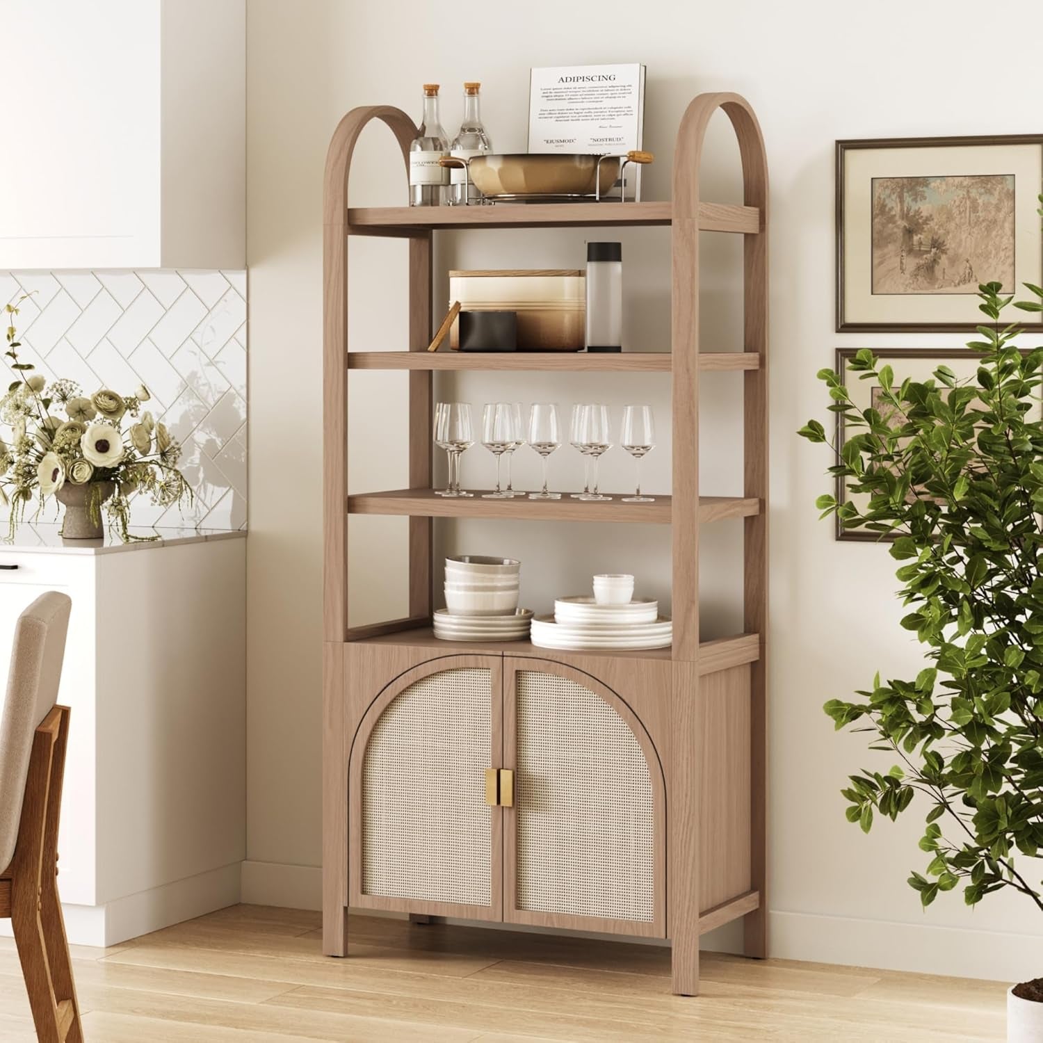 Paxton Mid-Century Modern Arched Bookshelf Cabinet with Solid Wood Frame and Rattan Base, Raw Oak