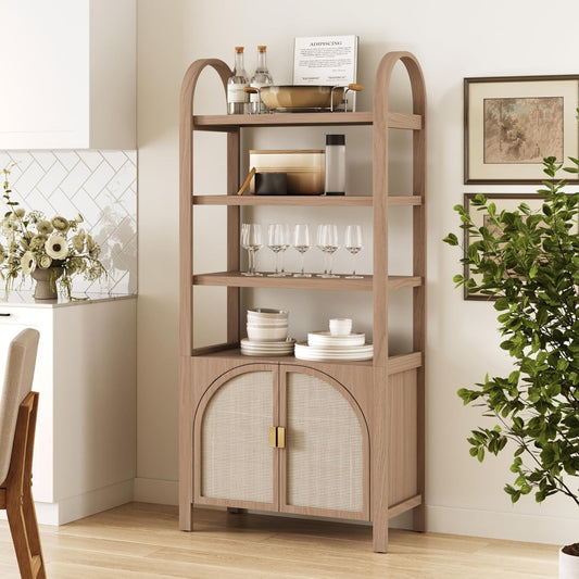 Paxton Mid-Century Modern Arched Bookshelf Cabinet with Solid Wood Frame and Rattan Base, Raw Oak