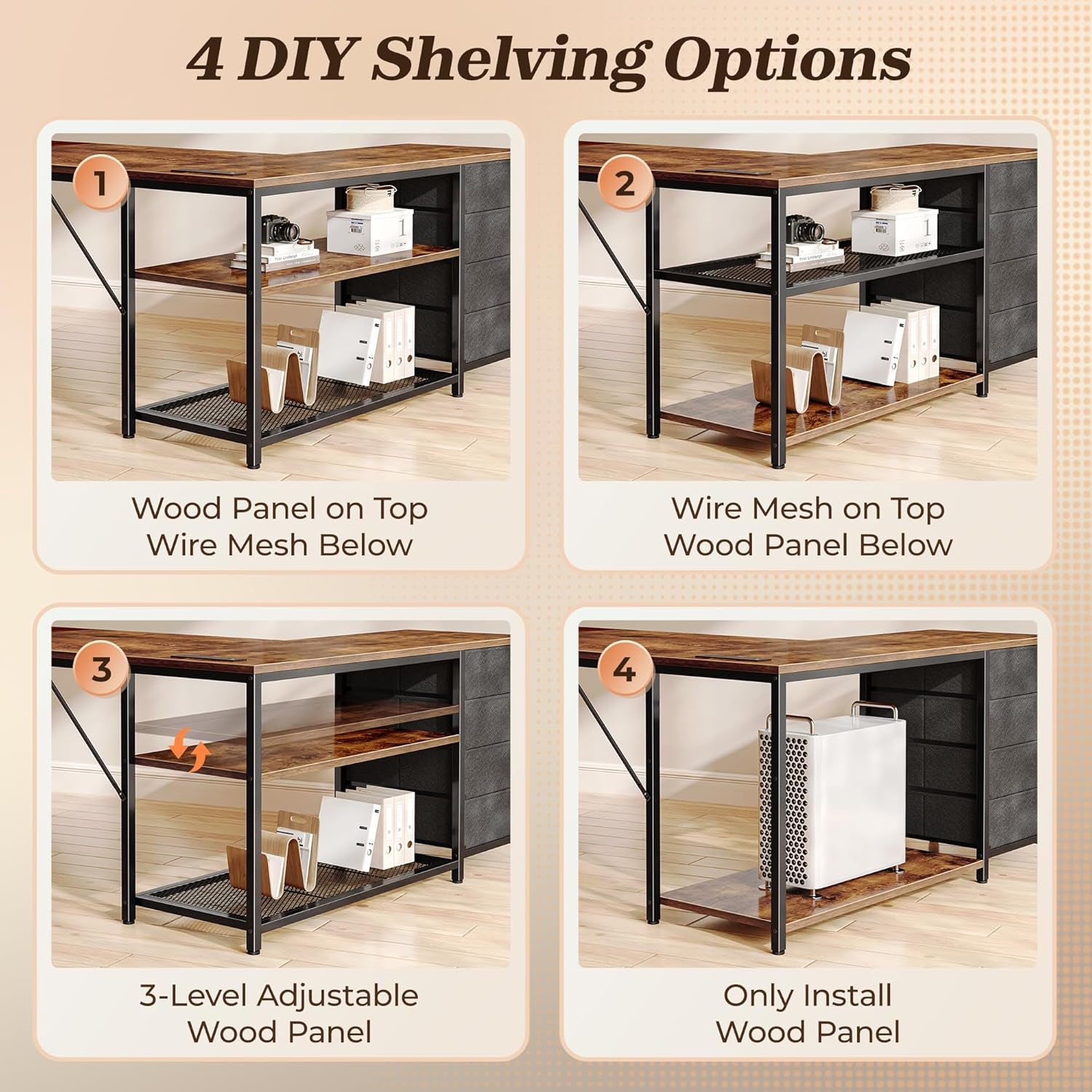 61" L Shaped Desk with Power Outlets and USB-C Port, Reversible Computer Corner Office Desk with 4 Fabric Drawers and 2 Height-Adjustable Shelves, Large for Gaming Writing Study, Rustic Brown