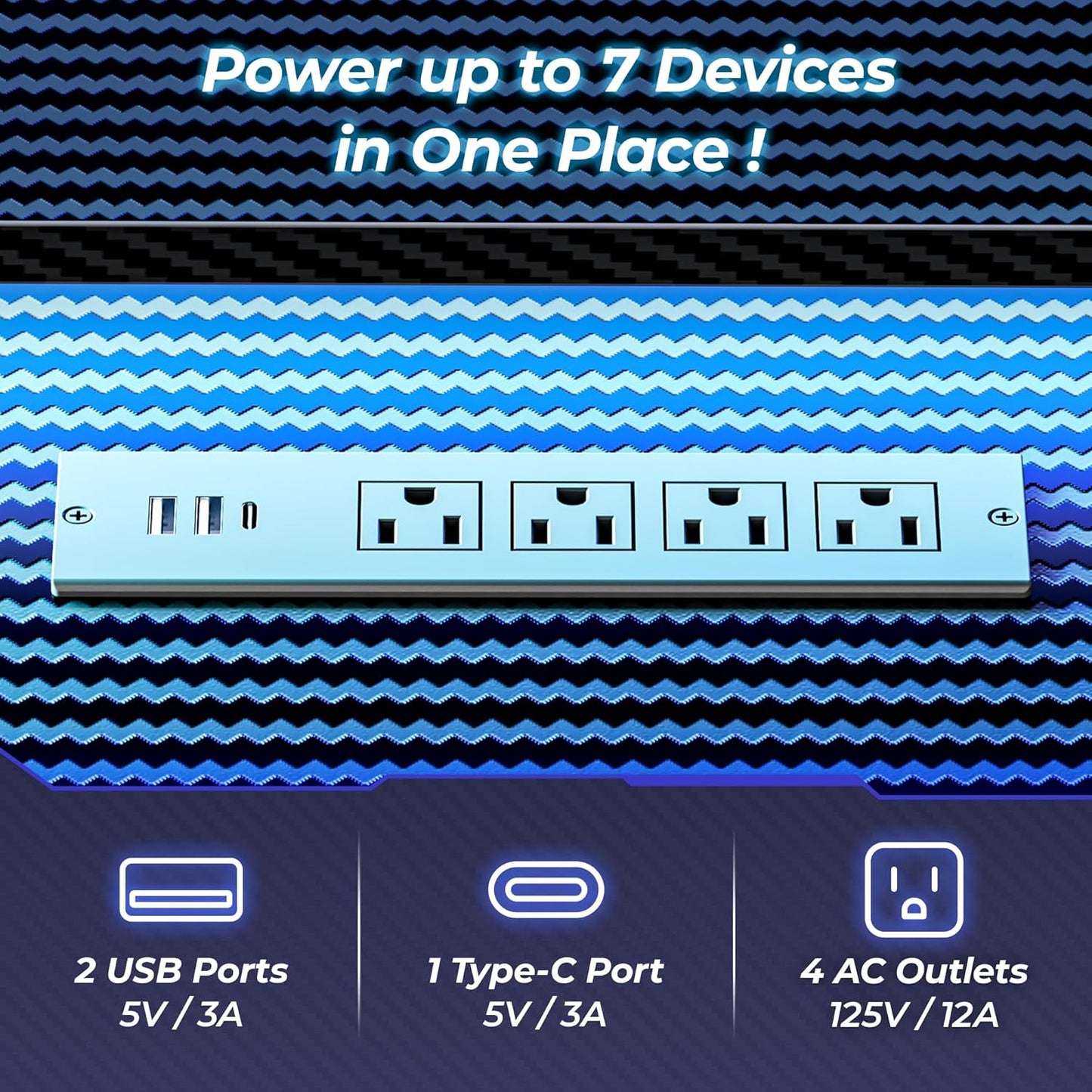 L Shaped Gaming Desk with Power Outlets & LED Lights, Computer Desk with Monitor Shelves, Carbon Fiber Surface, Home Office Desk, Corner Gaming Desk with Hooks, Carbon Fiber Black