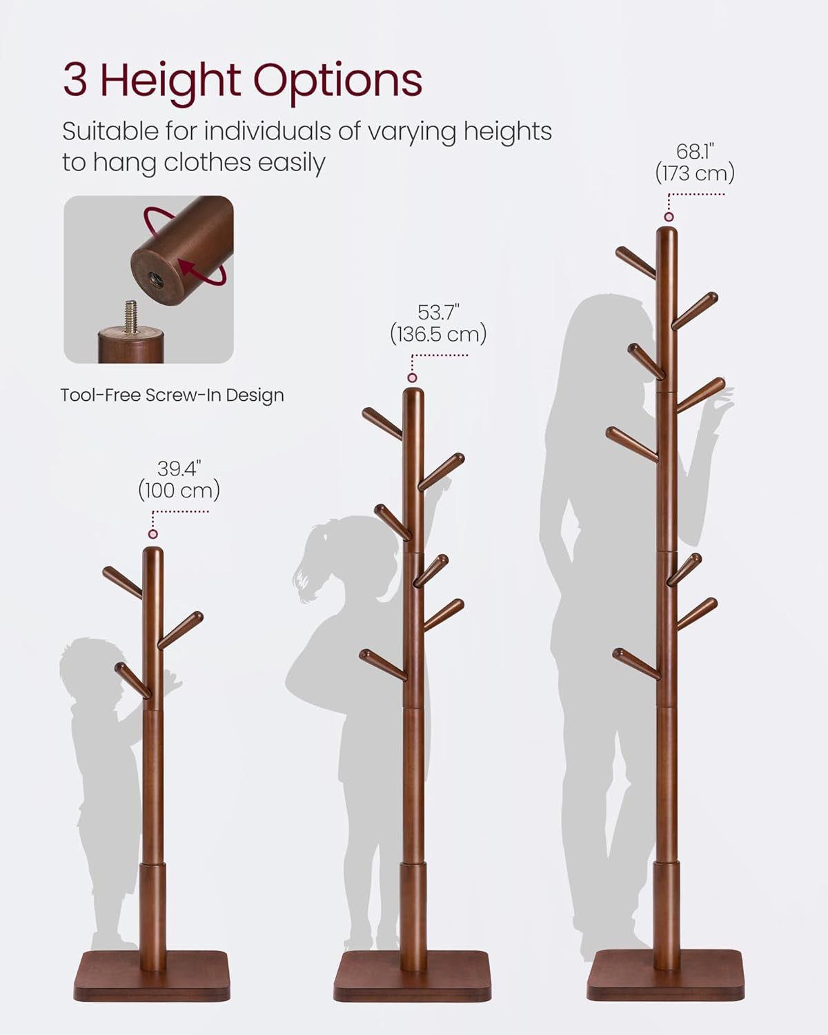 Solid Wood Coat Rack, Free Standing Hall Coat Tree with 8 Hooks, 3 Height Options, for Coats, Hats, Bags, Purses, for Entryway, Hallway, Rubberwood Hooks and Pole, Dark Walnut URCR010W01