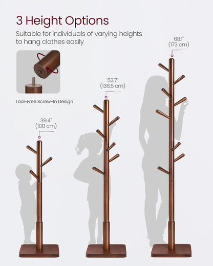 Solid Wood Coat Rack, Free Standing Hall Coat Tree with 8 Hooks, 3 Height Options, for Coats, Hats, Bags, Purses, for Entryway, Hallway, Rubberwood Hooks and Pole, Dark Walnut URCR010W01