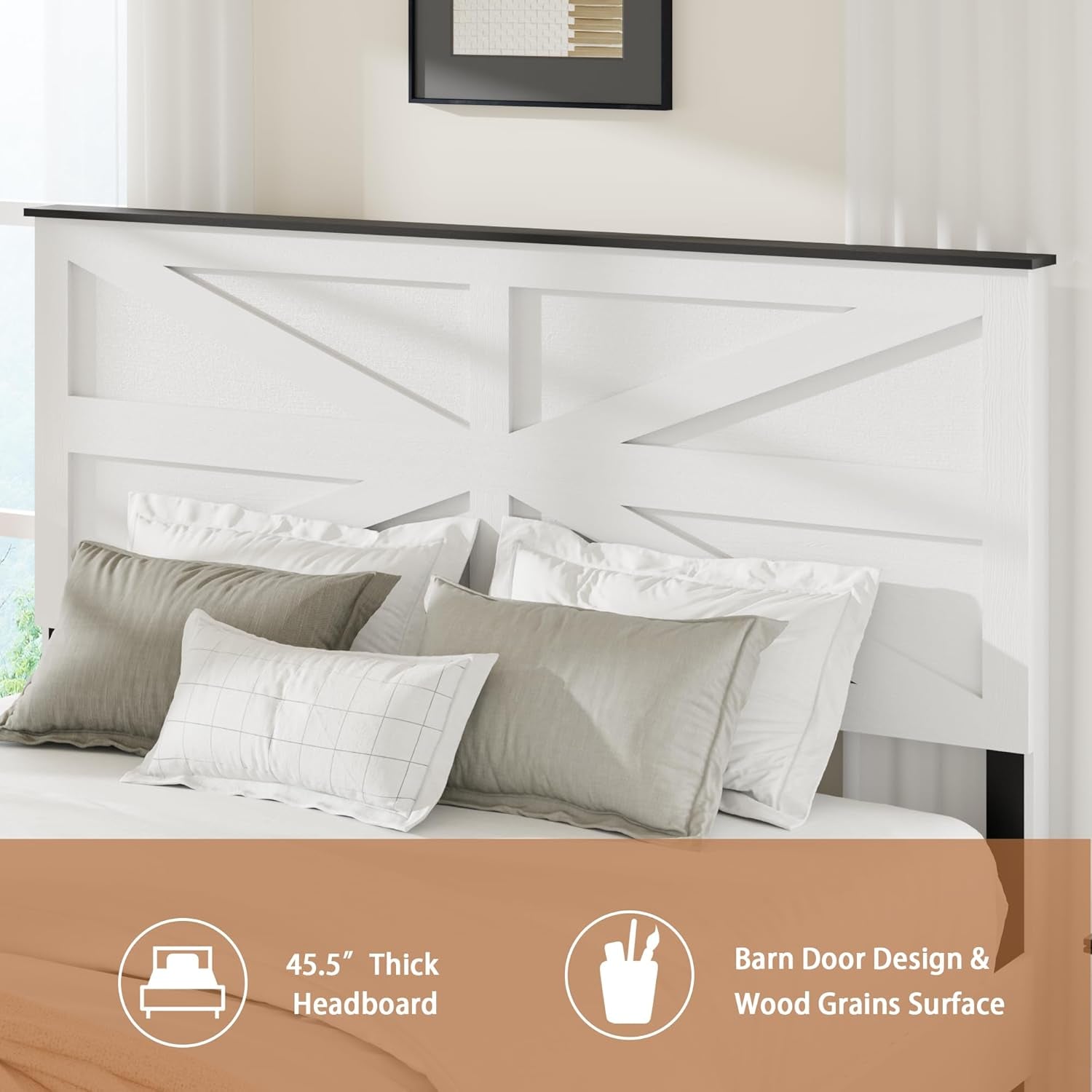 Farmhouse Queen Size Wooden Bed Frame with Headboard, Boho Platform Bedframe, Sturdy Metal Slats Support, No Box Spring Needed, Noise Free, Easy Assembly, White