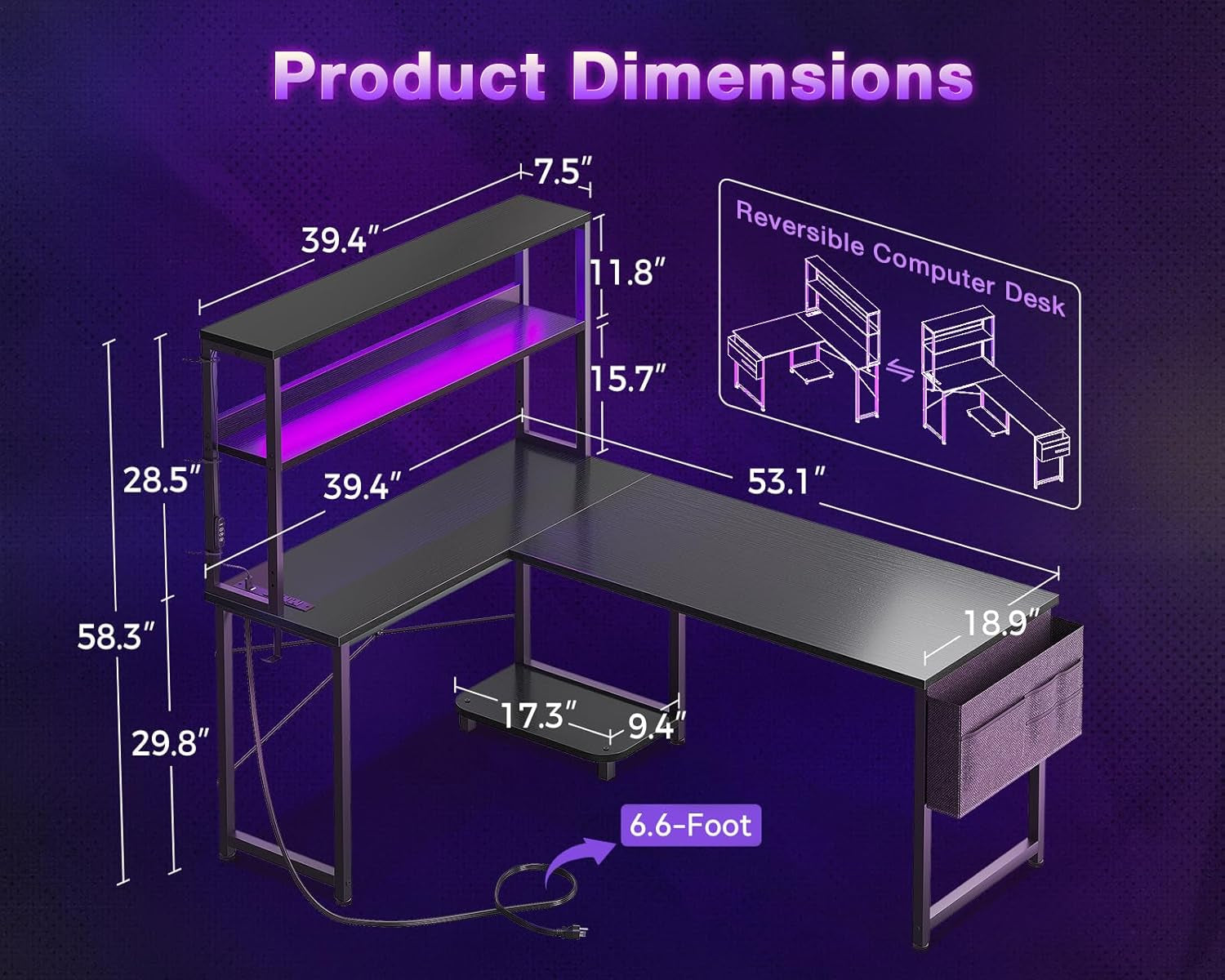 53 Inch L Shaped Desk with LED Lighting, Reversible Gaming Desk with Power Outlets, Cornor Computer Table with Storage Shelves & Bag & Iron Hook, Home Office Table for Writing, Study, Black