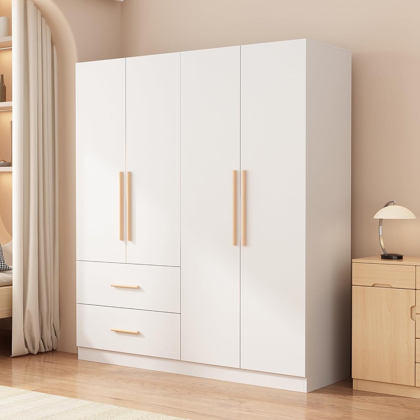 Armoire Wardrobe Closet with 4 Doors & 2 Hanging Rods, Wooden Clothing Storage Cabinet with Drawers & Shelves for Bedroom, White, 19.7" D X 63" W X 70.9" H