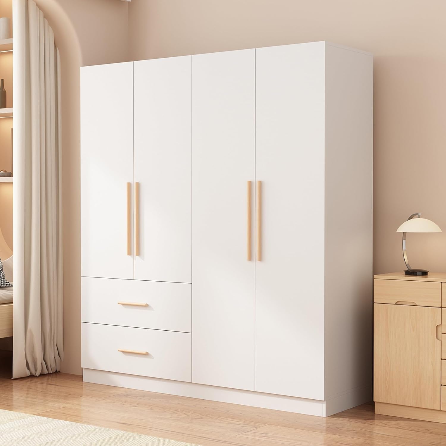 Armoire Wardrobe Closet with 4 Doors & 2 Hanging Rods, Wooden Clothing Storage Cabinet with Drawers & Shelves for Bedroom, White, 19.7" D X 63" W X 70.9" H