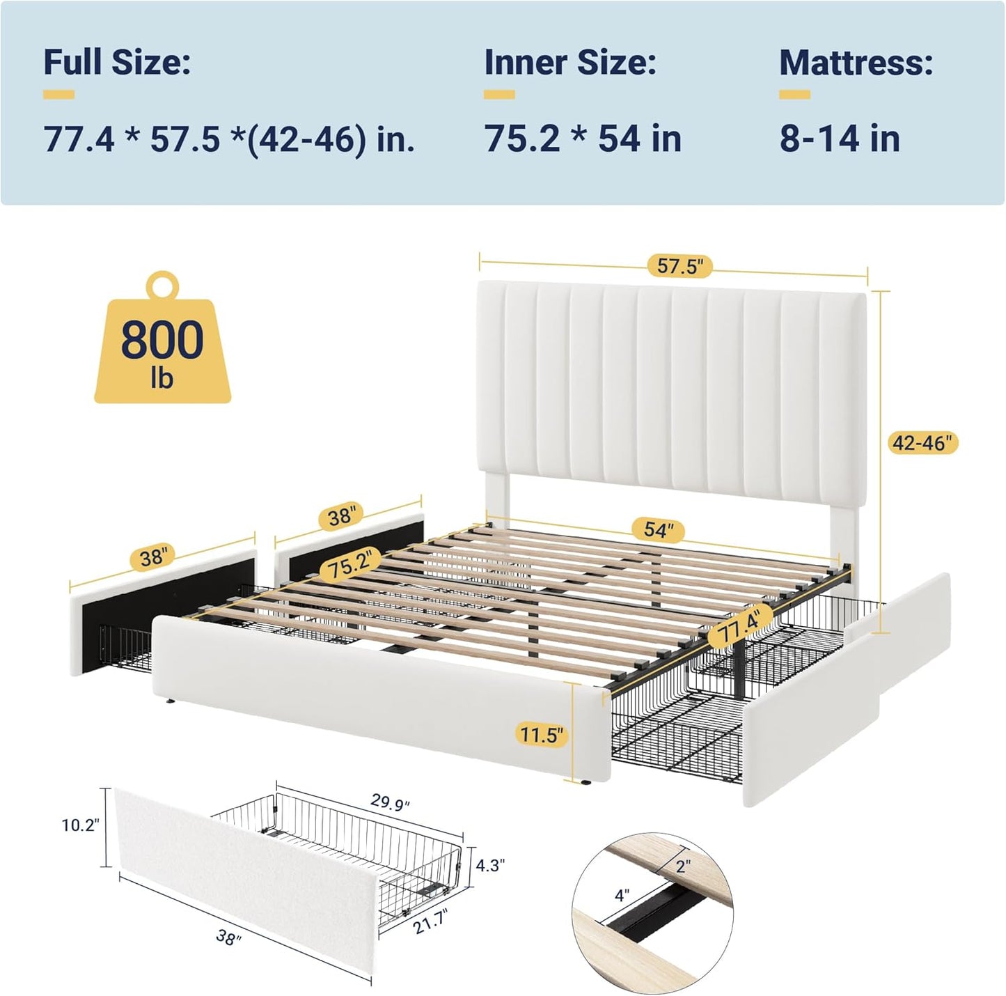 Full Size Storage Bed Frame, Vertical Channel Tufted Adjustable Headboard, Velvet Upholstered Platform Bed with 4 Oversized Underbed Drawers, Wooden Slats Support, No Box Spring Needed, White