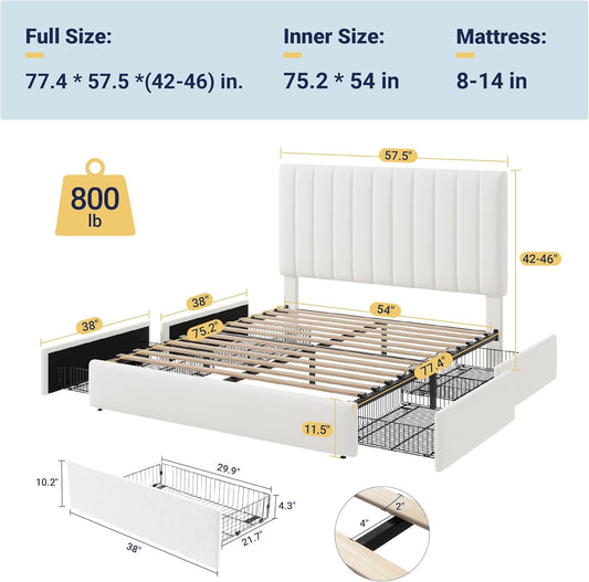 Full Size Storage Bed Frame, Vertical Channel Tufted Adjustable Headboard, Velvet Upholstered Platform Bed with 4 Oversized Underbed Drawers, Wooden Slats Support, No Box Spring Needed, White