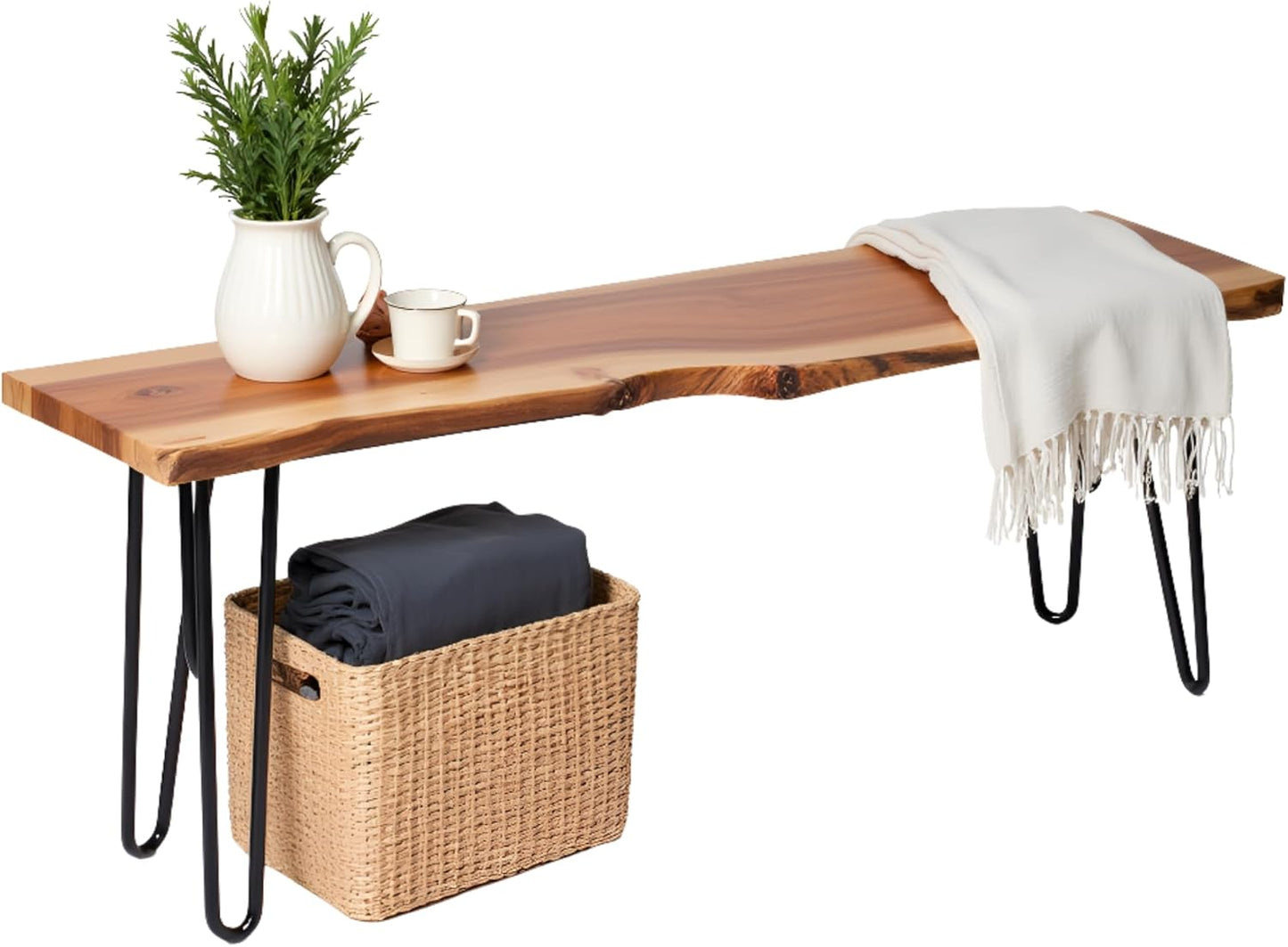 48” Live Edge Dining Bench – Rustic Industrial Farmhouse Solid Acacia Wood with Metal Hairpin Legs – Ideal for Dining Room, Kitchen, or Entryway