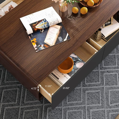 Modern Coffee Table for Living Room, 51 Inch Square Coffee Table with Storage, 4-Drawers Wood Table, Full-Assembled, Walnut and Black