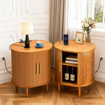 Mid Century Modern Nightstand with Charging Station, Fluted Accent Side Table with Sliding Door & Adjustable Shelf, End Table for Small Space, Living Room, Bedroom,Sofa Couch(1, Yellow)