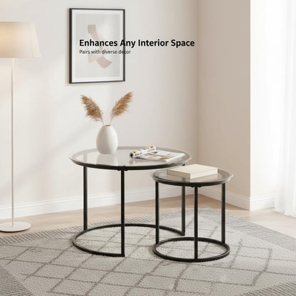 Round Nesting Coffee Table Set of 2, Modern Glass Nesting Tables, Stacking Minimalist End Table for Living Room Bedroom Small Space, Clear Tempered Glass and Black