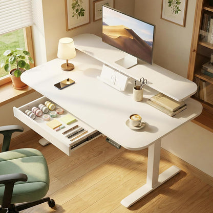 Electric Standing Desk with Drawers, 48 X 24 Inches Height Adjustable Computer Desk with Monitor Stand, Laptop Stand, Home Office Sit Stand up Desk with Memory Preset, White