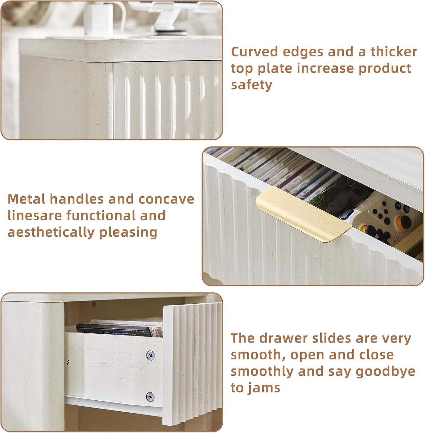 Fluted Nightstand with Charging Station, 23" Wide 1 Drawers End Table,White Night Stand with Open Storage Cabinet, Farmhouse Bed Side Tables, Wood Dresser for Bedroom, Living Room, Closet