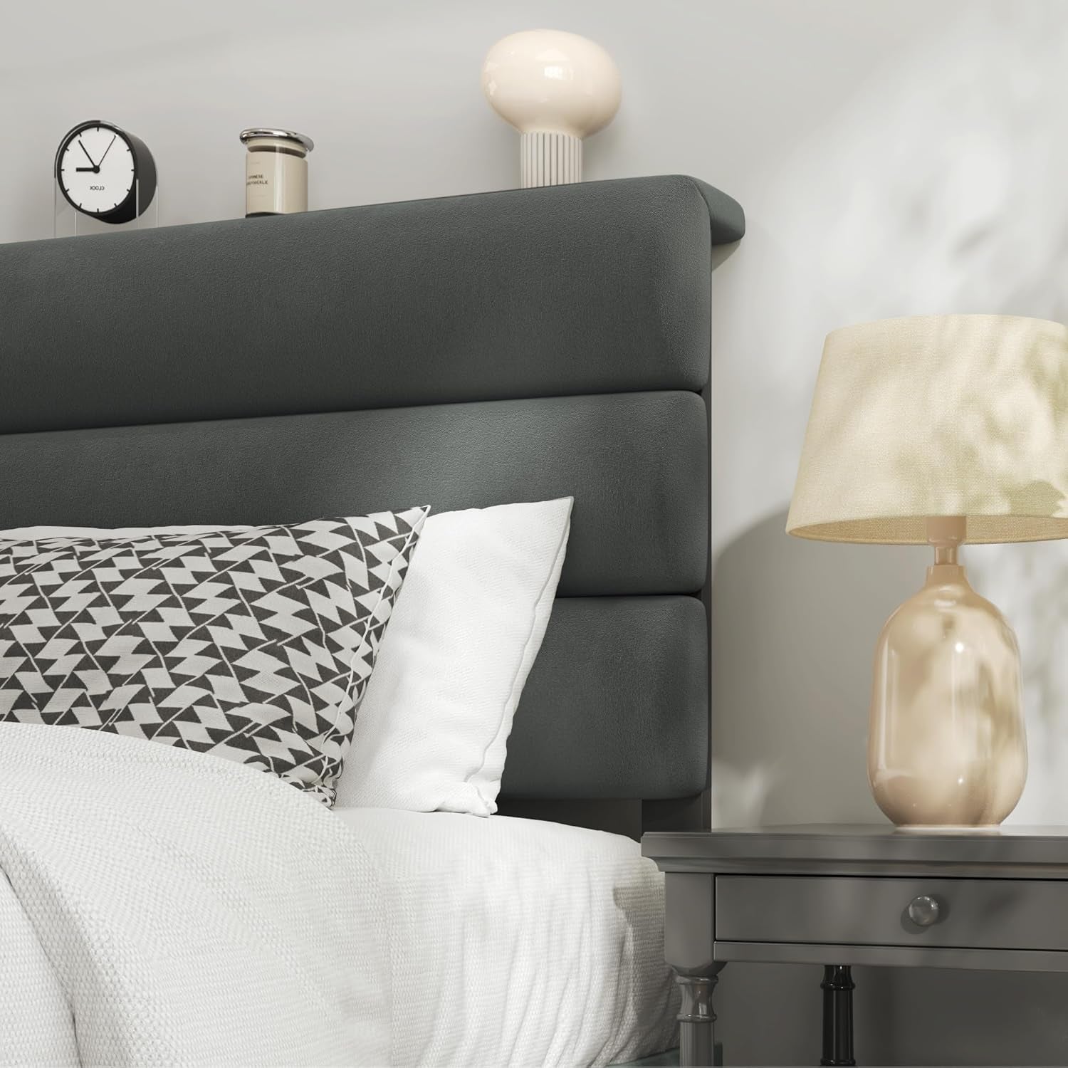 Queen Size Bed Frame, Platform Bed Frame with Velvet Upholstered Headboard, No Box Spring Needed, Sturdy Metal Support, Noise Free, Easy Assembly, Grey