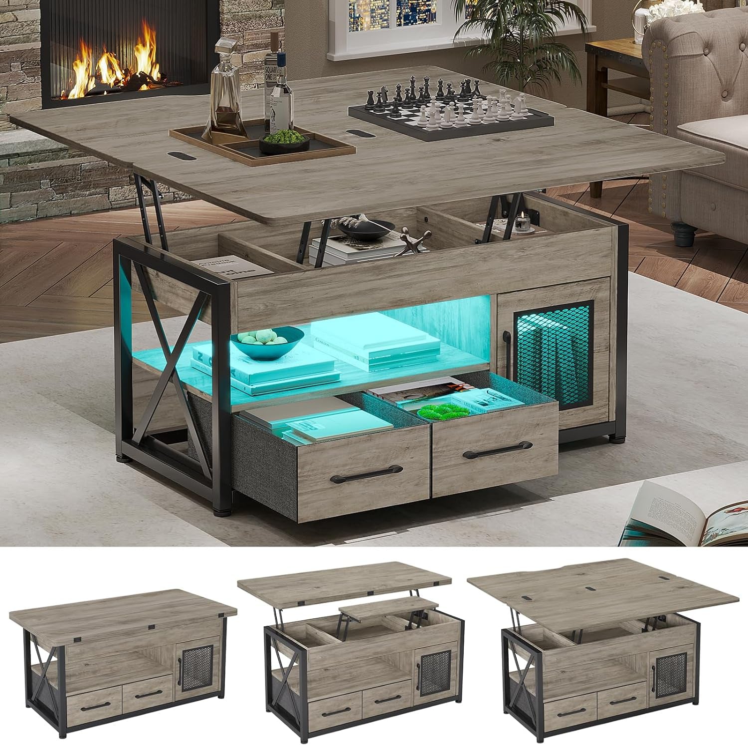 40" Lift Top Coffee Table, 4 in 1 Coffee Tables with Storage Cabinet for Living Room, Small Farmhouse Coffee Table with 2 Fabric Drawers & LED Light for Dining Room, Grey