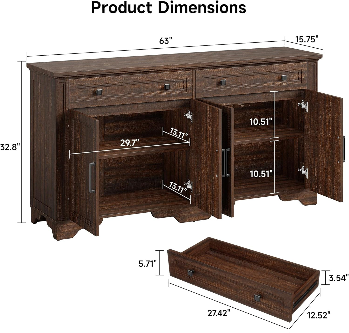 63" Sideboard Buffet Cabinet, Kitchen Buffet Storage Cabinet, Large Credenza with Drawers & Doors, Wood Coffee Bar Console Wine Bar for Living Room Hallway Brown