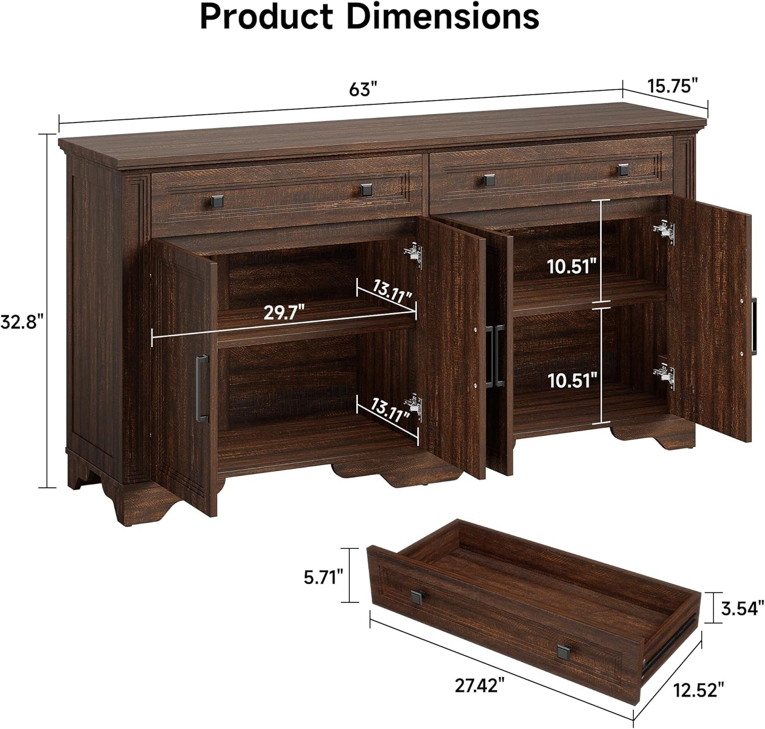 63" Sideboard Buffet Cabinet, Kitchen Buffet Storage Cabinet, Large Credenza with Drawers & Doors, Wood Coffee Bar Console Wine Bar for Living Room Hallway Brown
