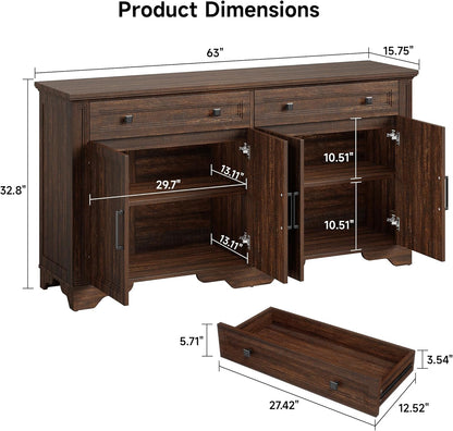 63" Sideboard Buffet Cabinet, Kitchen Buffet Storage Cabinet, Large Credenza with Drawers & Doors, Wood Coffee Bar Console Wine Bar for Living Room Hallway Brown