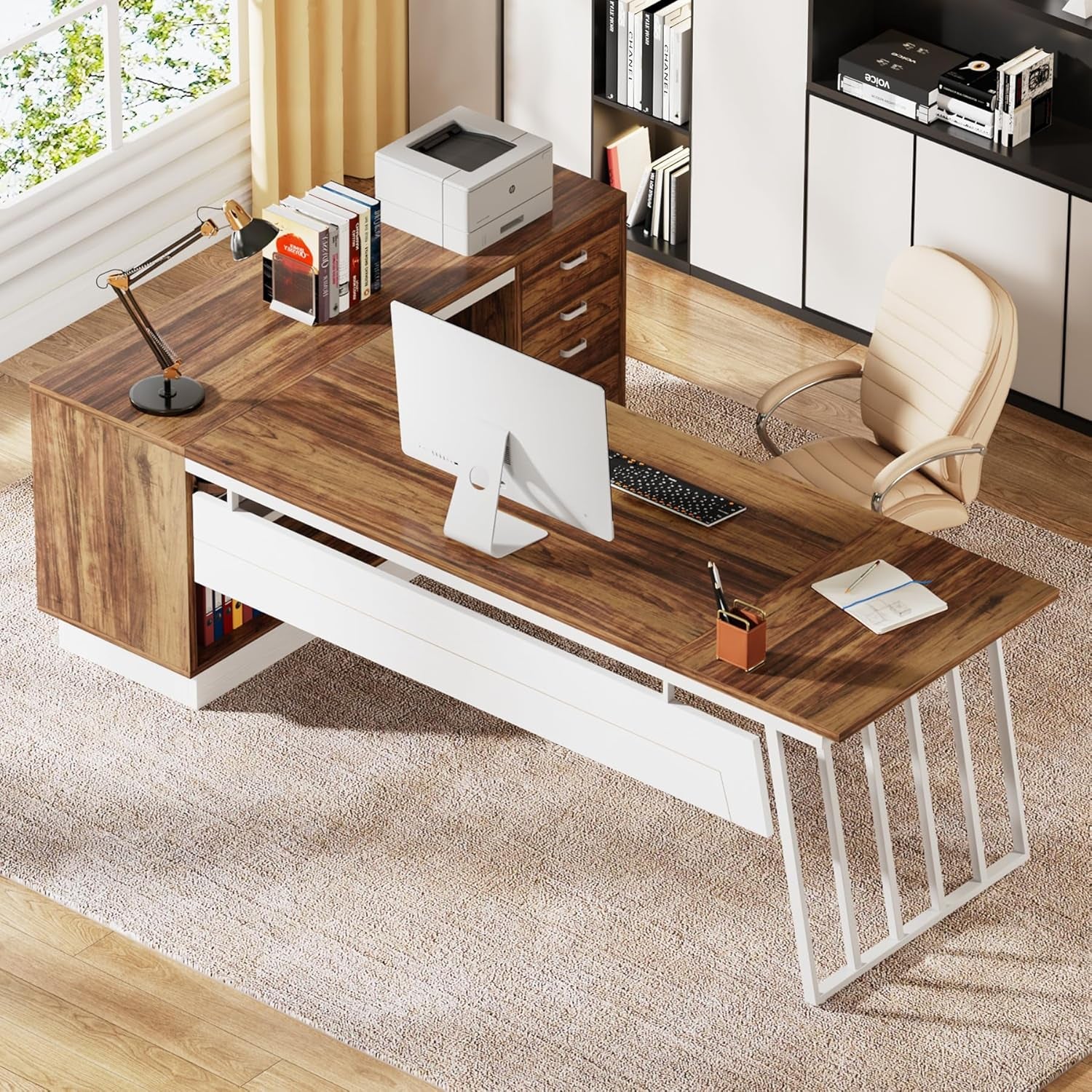 71-Inch Executive Desk, L-Shaped Desk with Cabinet, Large Office Desk with Drawers and Storage Shelves, Writing Table Computer Desk for Home Office, Brown and White