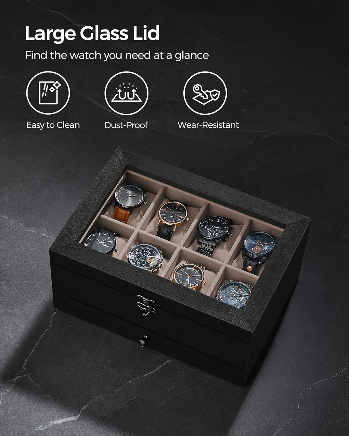 8-Slot Watch Box, 2-Tier Watch Display Case with Large Glass Lid, Removable Watch Pillows, Velvet Lining, Jewelry Box, Gift Idea, Ebony Black UJOW008B01