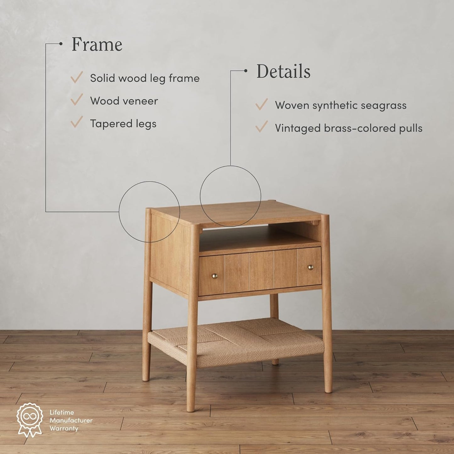 Meads Wood Nightstand with Drawer, Vintage Nightstand with Seagrass Storage and Brass Handles, Light Brown