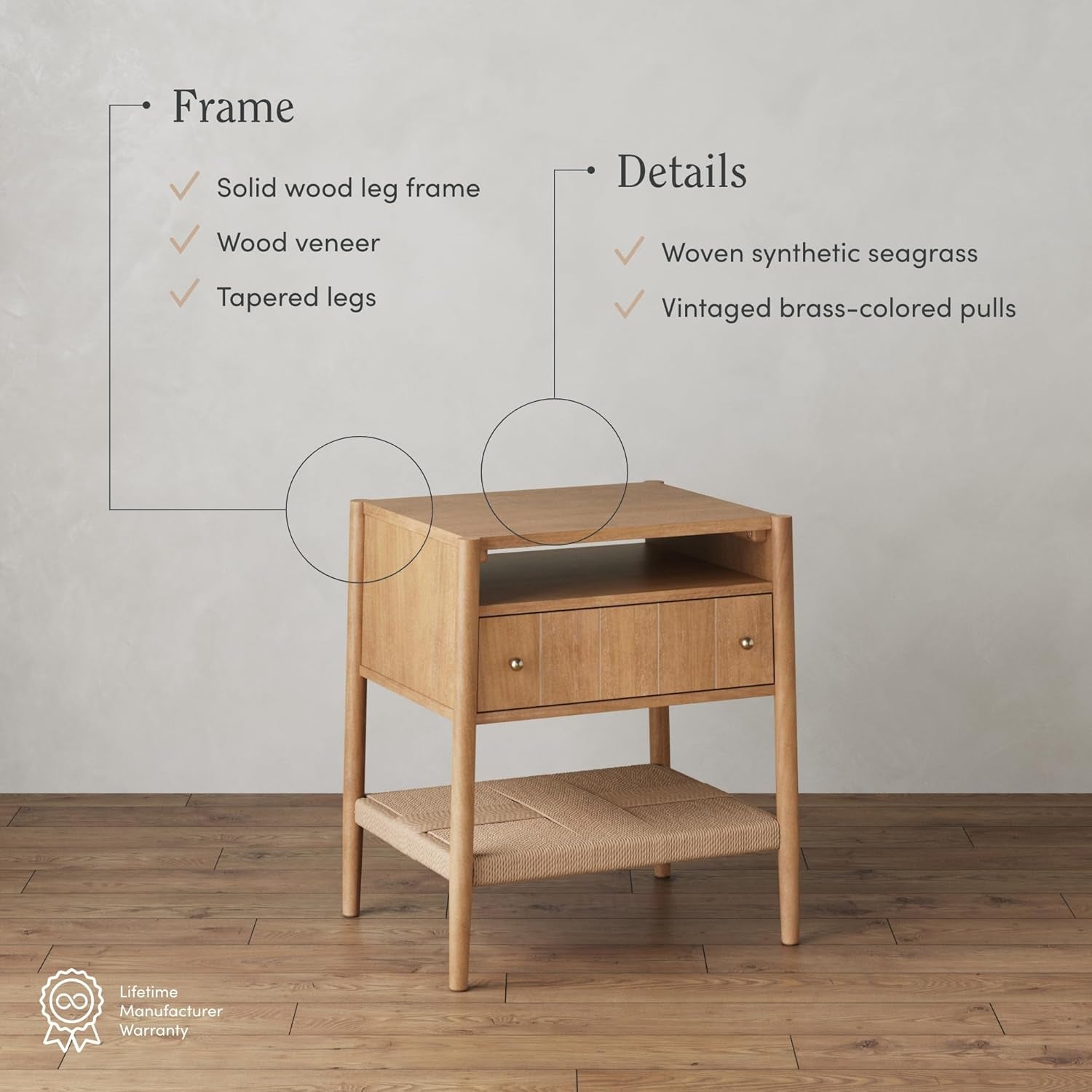 Meads Wood Nightstand with Drawer, Vintage Nightstand with Seagrass Storage and Brass Handles, Light Brown