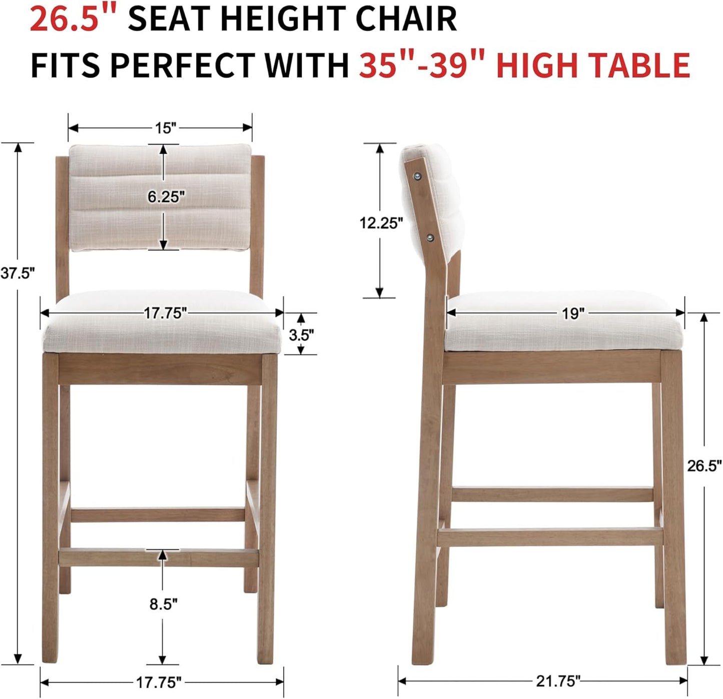 26" Bar Stools Set of 2 Counter Height Bar Stools for Kitchen Counter, Modern Upholstered Barstools with Back and Wood Legs Linen Stools Farmhouse Island Chairs, Beige