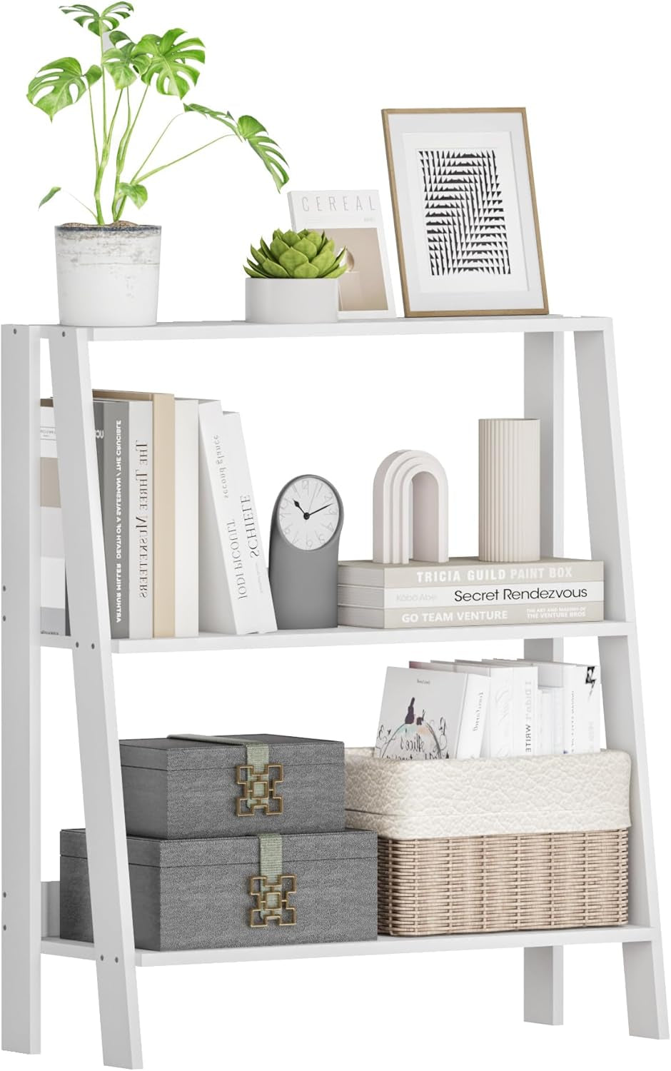 3-Tier Ladder Bookshelf, Bathroom Shelf Freestanding, Small Bookshelf with Storage, Display Stand for Home Office, Living Room, Kitchen, Bedroom, Bathroom, White