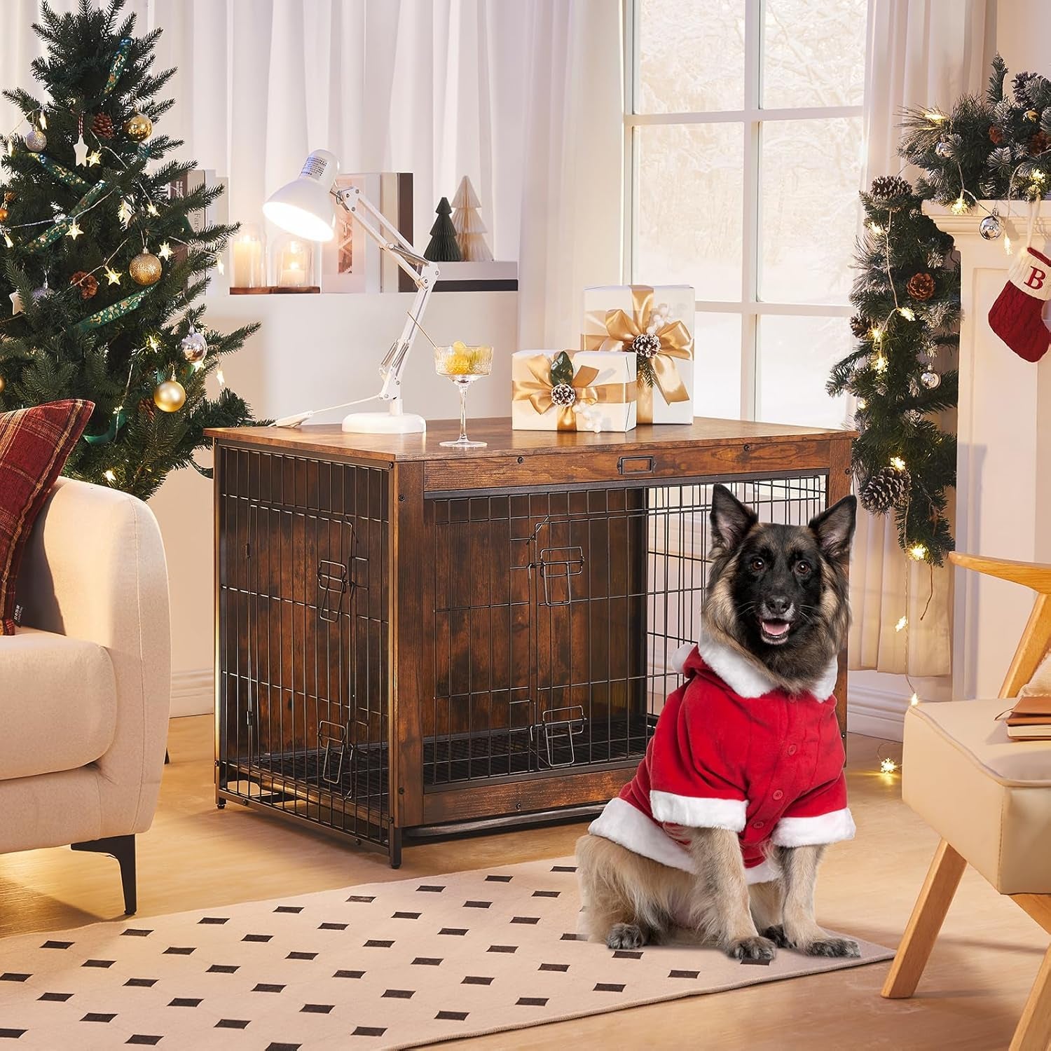 Dog Crate Furniture, 25.5" Small Dog Kennel Indoor, Wooden Cage with Pull-Out Tray, Double Doors Pet House Side End Table for Small/Medium Dogs, Rustic Brown BF642GW03G1