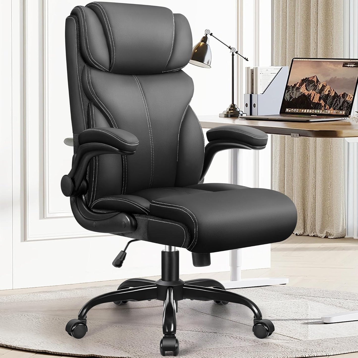 Office Chair, Ergonomic Big and Tall Computer Desk Chairs, Executive Breathable Leather Chair with Adjustable Flip-Up Armrests, Lumbar Support Swivel PC Chair with Rocking Function