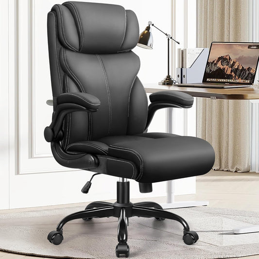 Office Chair, Ergonomic Big and Tall Computer Desk Chairs, Executive Breathable Leather Chair with Adjustable Flip-Up Armrests, Lumbar Support Swivel PC Chair with Rocking Function