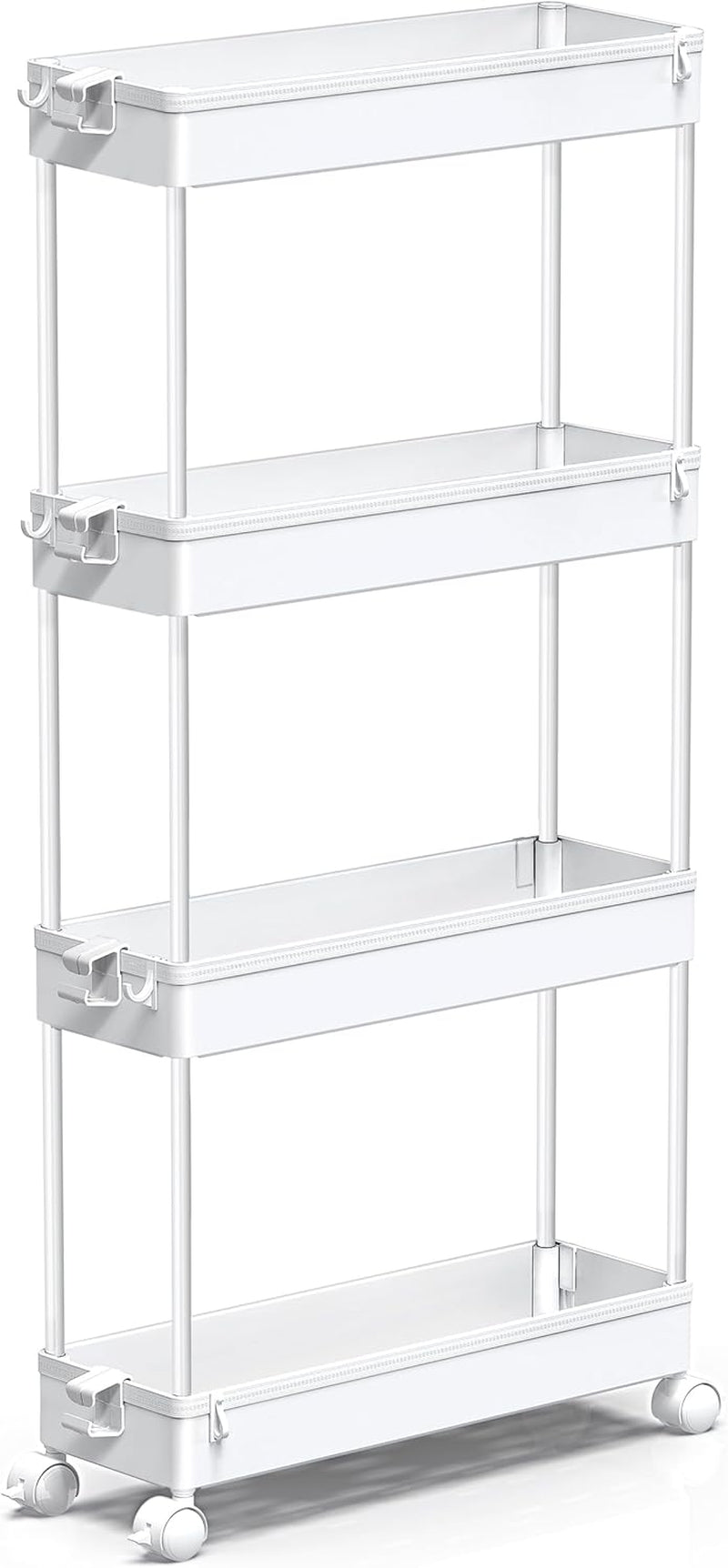 Slim Rolling Storage Cart 4 Tier Bathroom Organizer Mobile Shelving Unit Utility Cart Tower Rack for Kitchen Laundry Narrow Places, White
