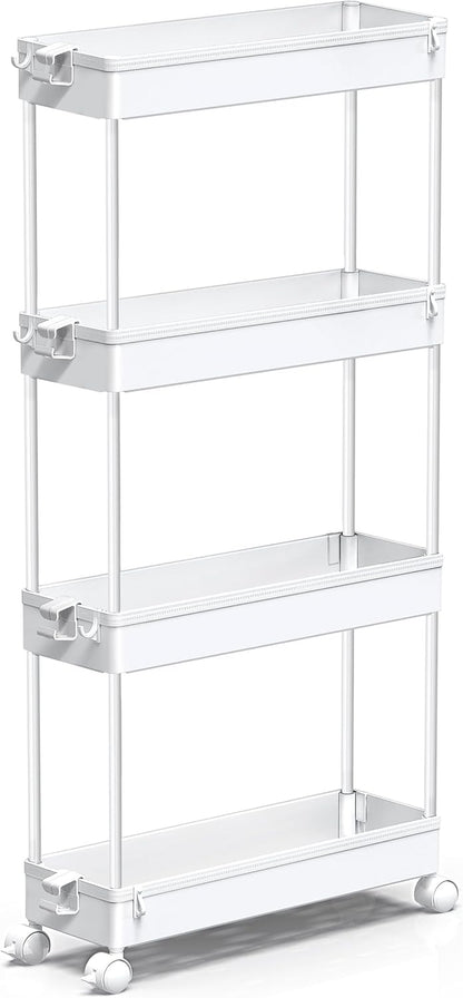 Slim Rolling Storage Cart 4 Tier Bathroom Organizer Mobile Shelving Unit Utility Cart Tower Rack for Kitchen Laundry Narrow Places, White