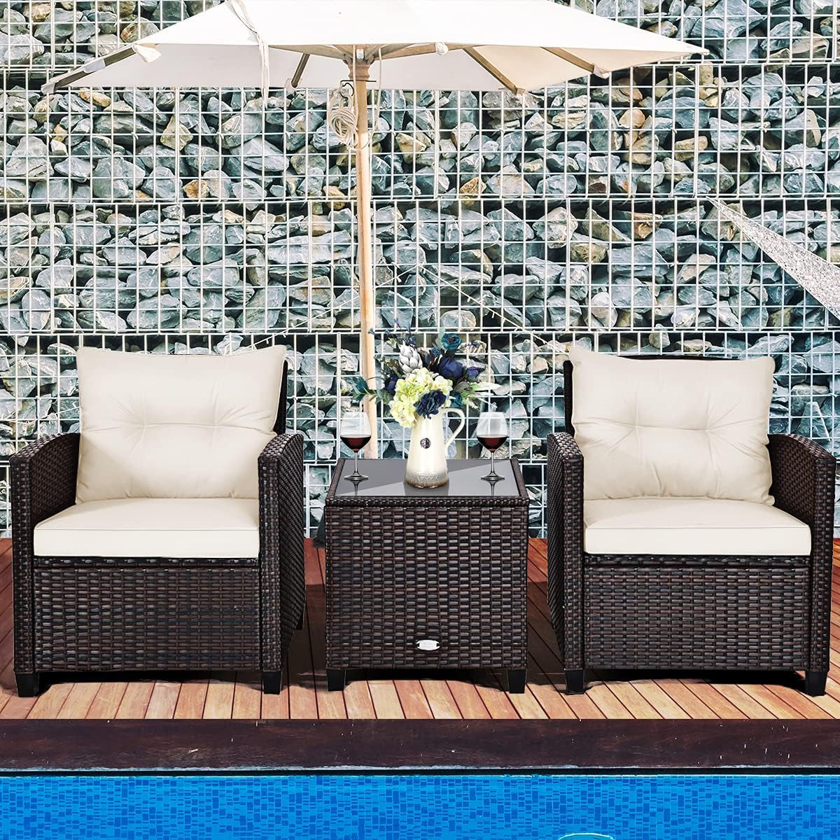 3 Piece Patio Furniture Set, Outdoor Conversation Set with Washable Cushions & Tempered Glass Tabletop, PE Rattan Wicker Bistro Set for Porch, Garden, Balcony (White)